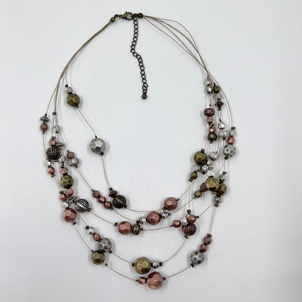 NWOT – Antiqued Gold Tone Five Strand Wire 20” Necklace w/ Tri-Colored Beading - Picture 3 of 6
